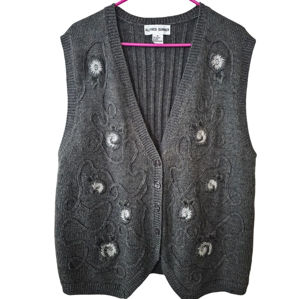 Alfred Dunner Vintage Gray Wool Blend Knit Button Vest Size 1X